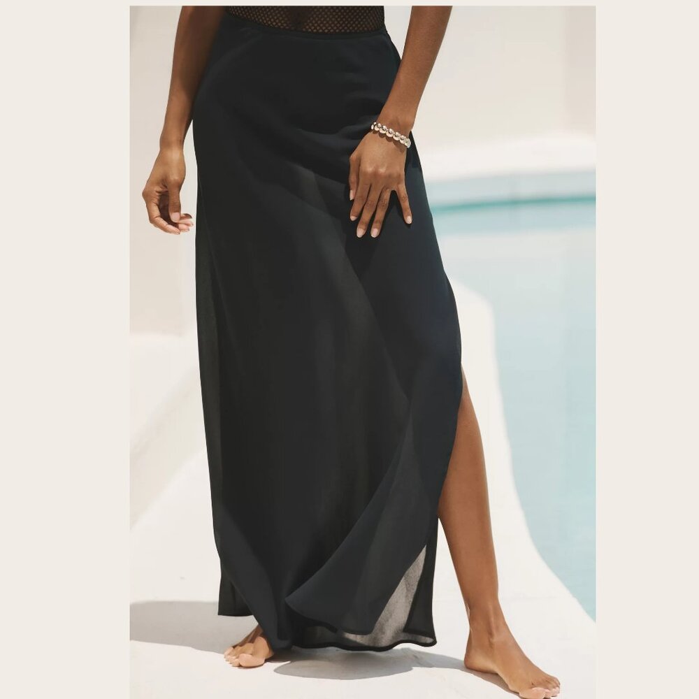 By Anthropologie Low-Rise Sheer Slip Maxi Skirt Black Medium